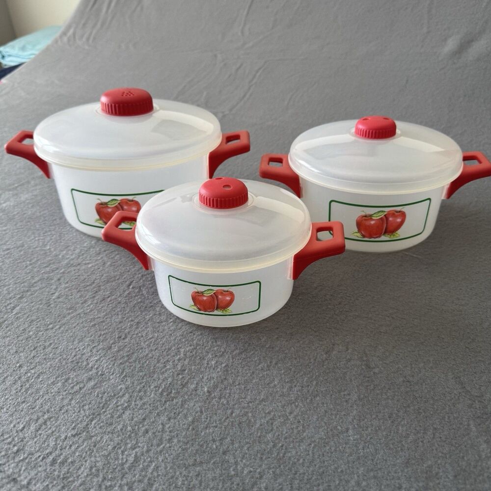 Vintage Apple Microwave Cookware Nesting Pots Set 3 Lids Removable Handles